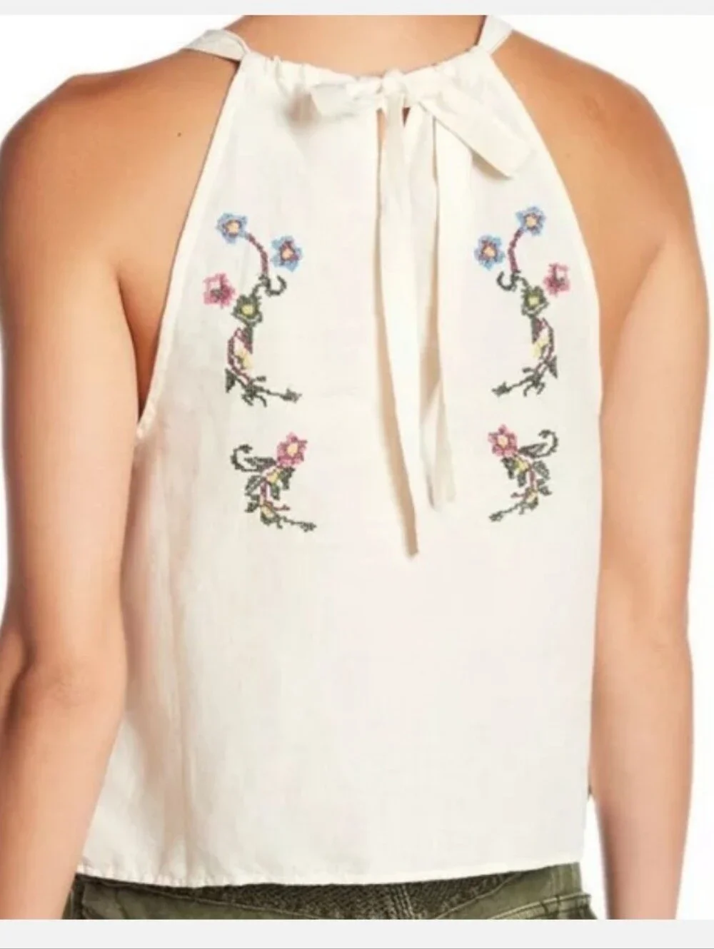Free People XS Honey Pie Cream Halter Crop Top with Pink Rose Embroidery